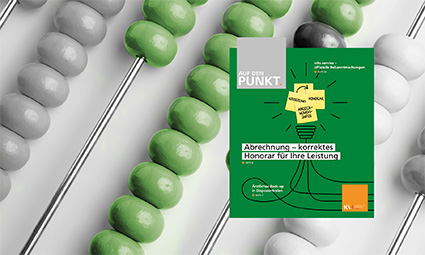 Titelbild der ersten Ausgabe von "Auf den Punkt" 2022 mit dem Titelthema: "Abrechnung – korrektes Honorar für Ihre Leistung“. Auf dem Cover ist eine Glühbirne aus Post-Its zu sehen, die auf das Thema Abrechnung hinweisen.