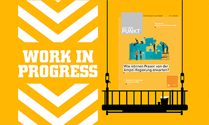 Auf einem gelben Bild mit der Aufschrift "Work in Progress" ist das Cover der neuesten Ausgabe von Auf den PUNKT. 2/2022 zu sehen.