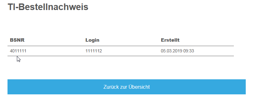 TI-Bestellnachweis SafeNet - Tabelle