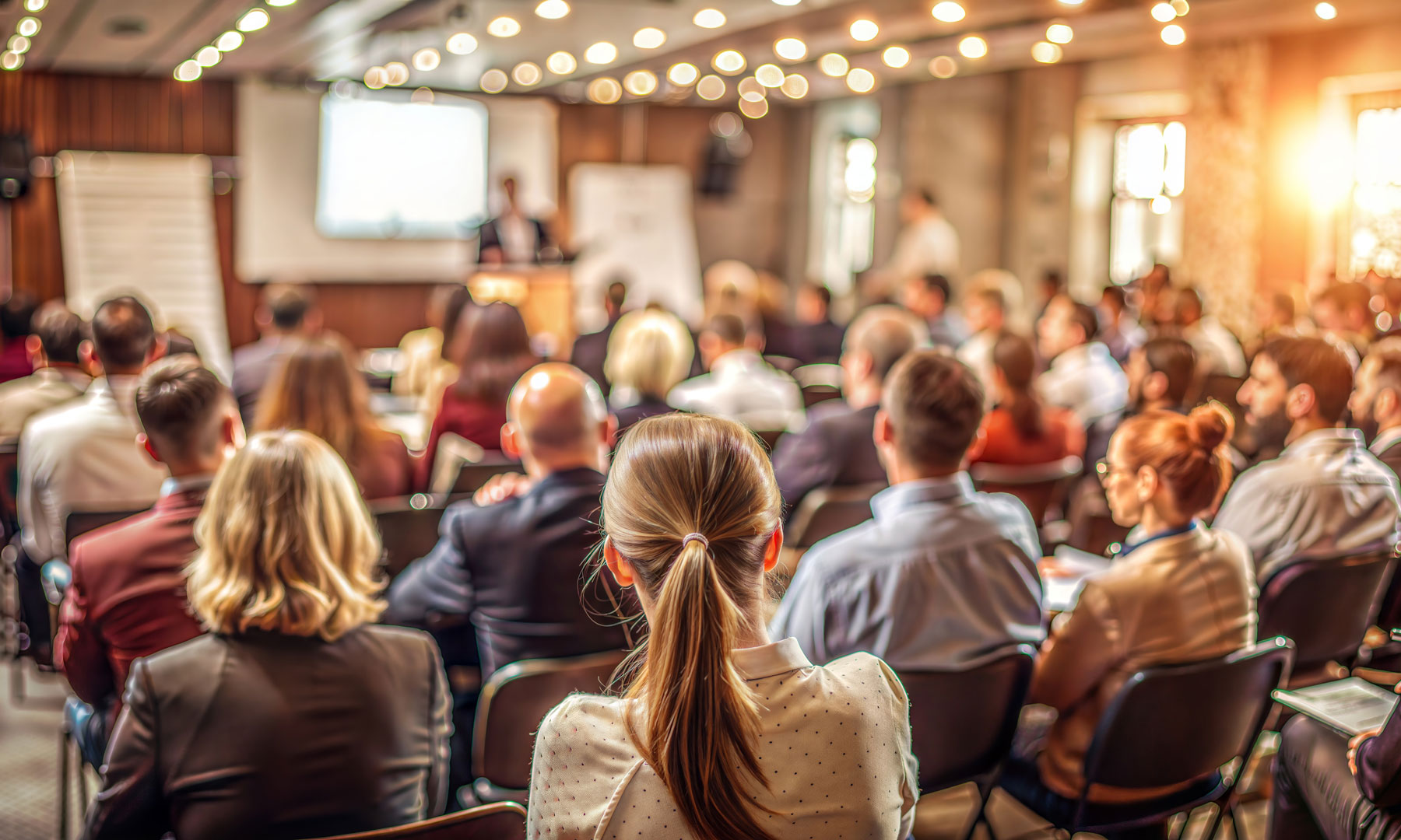 Symbolbild: Ein Konferenzsaal mit Teilnehmenden und Redner vorne am Pult. Verschwommener Hintergrund, von hinten nach vorne Richtung Redner fotografiert