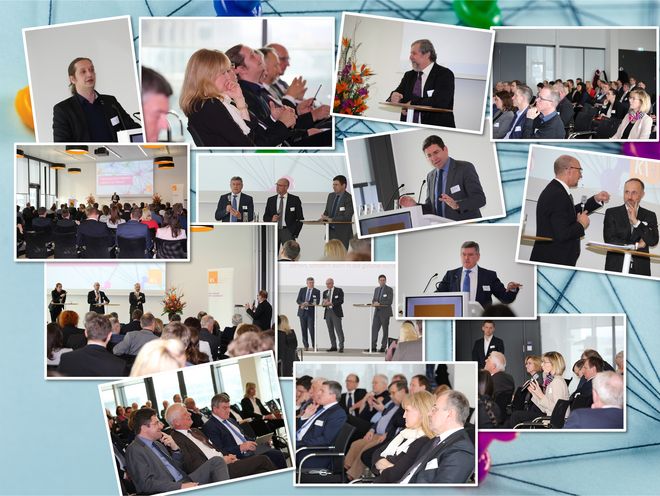 Impressionen des Vormittags Das Bild zeigt verschiedene Impressionen vom Nachmittag der Versorgungskonferenz, zum Beispiel Redner auf dem Podium und Schnappschüsse vom Publikum.